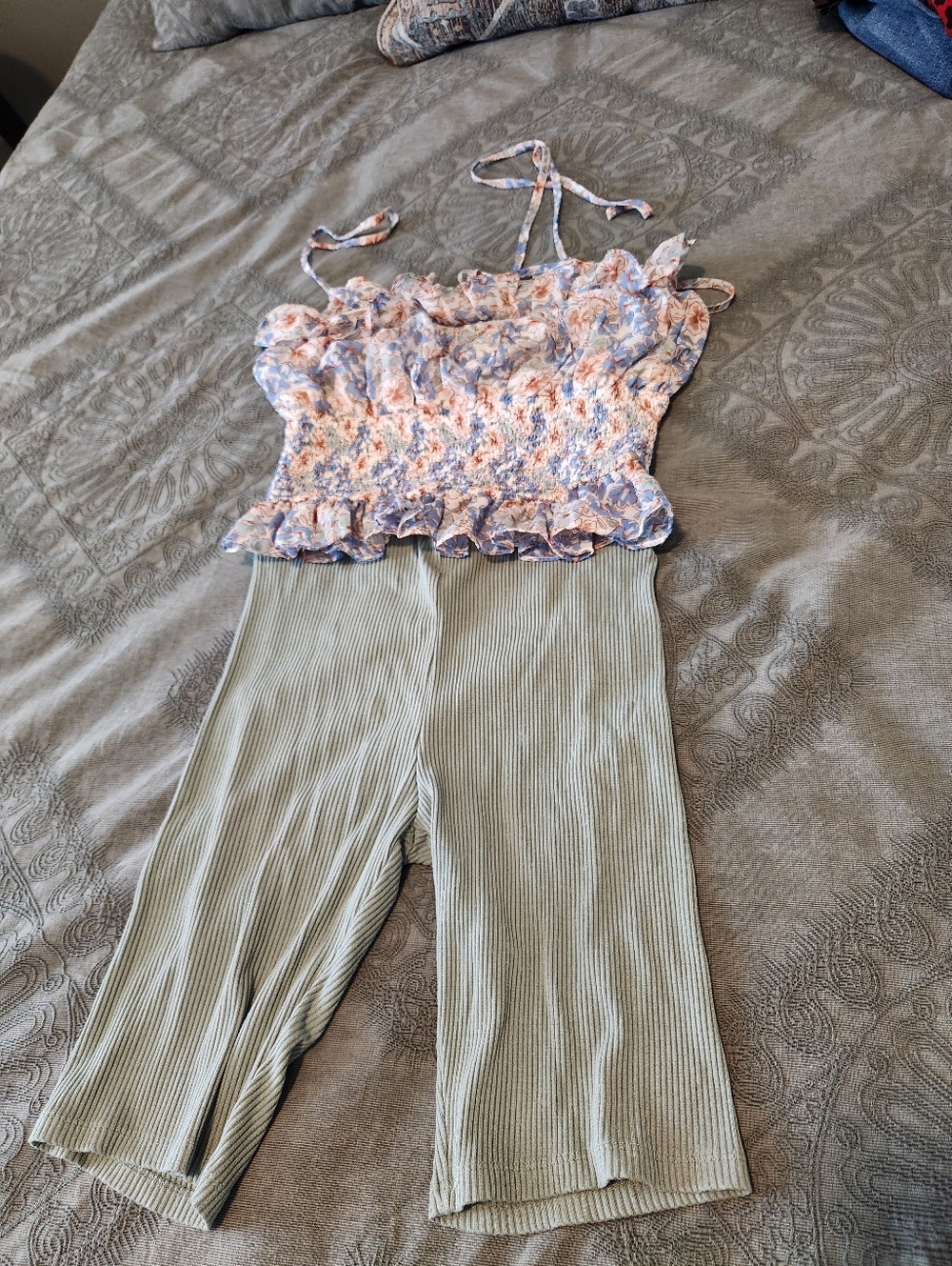 Floral Smocked Crop Top with Sage Ribbed Bike Short